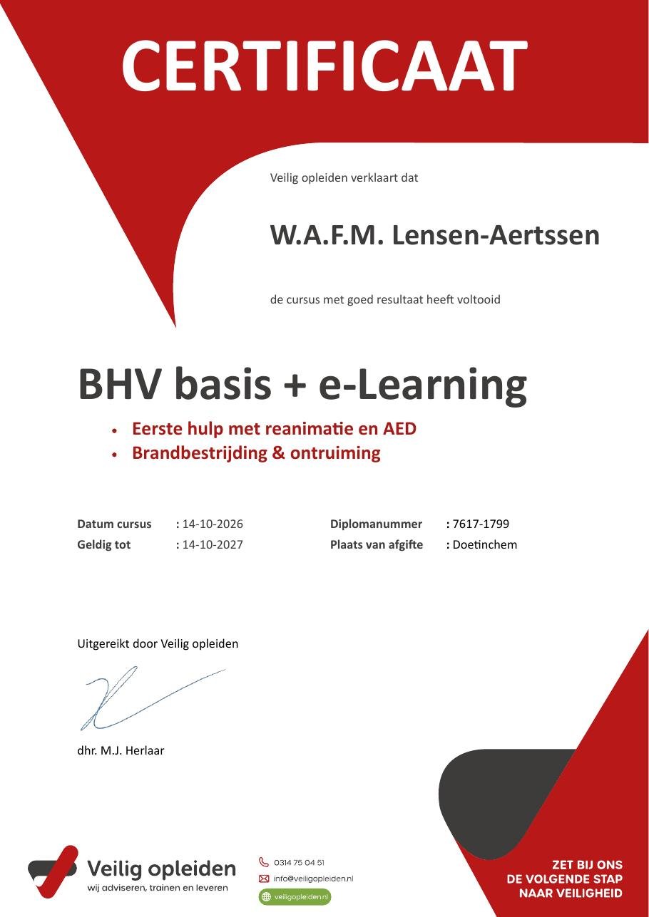 Certificaat BHV basis + e-Learning van Veilig opleiden, behaald door Helma Lensen-Aertssen op 14-10-2026, geldig tot 14-10-2027