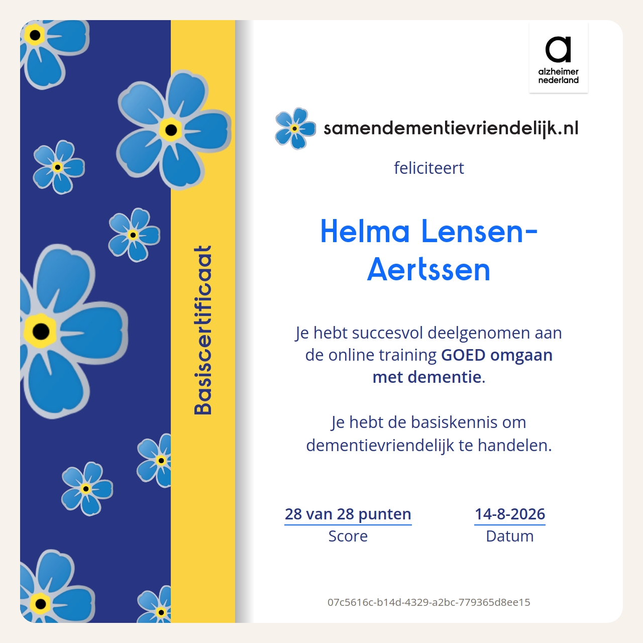 Basiscertificaat Samen dementievriendelijk, behaald door Helma Lensen-Aertssen op 14-8-2026 met 28 van de 28 punten